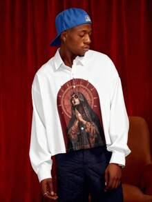 PAVTROS Men's Casual Long Sleeve Short Dropped Shoulder Fashionable Front Button Printed Shirt Men Religious Shirt Virgin Mary Shirt Religious Shirt Catholic Shirt - White - View 3