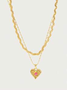 Glisma Colares de Corrente Femininos, Conjuntos, Dinheiro Antigo, Metálico/Textura, Pedra Preciosa, Para Mãe/Mulher/Menina/Mãe, Premium, Vintage, Elegante, Coração, Dia dos Namorados, Presente - Dourado - Visão 2