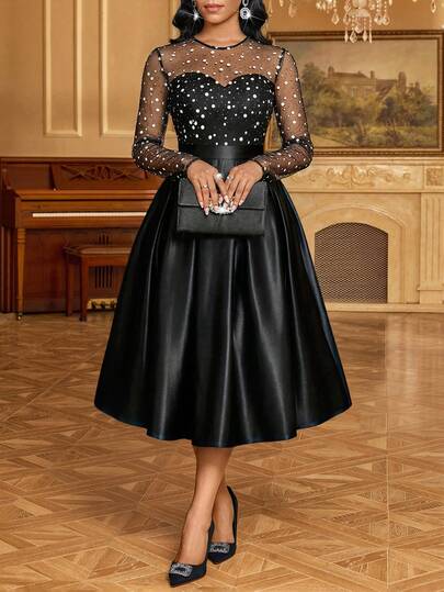 SHEIN Lady Women's Elegant Party Polka Dot Print Mesh Patchwork Waist Pleated Hem Midi Dress