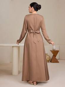 Graceveil Women's Solid Color Round Neck Long Sleeve Ruched Waist Elegant Dress Brown Long Dress Modest Elegant Dress Long Sleeve Dress Brown Dress Women Earth Tone Dress - Brown - View 5