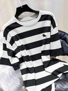 SHEIN Franclia Retro American Black & White Striped, Little Horse Logo Print Casual Loose Fit Round Neck Women T-Shirt, Summer - Multicolor - View 3