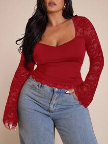 SHEIN BAE Plus Size Women Lace Patchwork Long Sleeve Top - Red - View 2