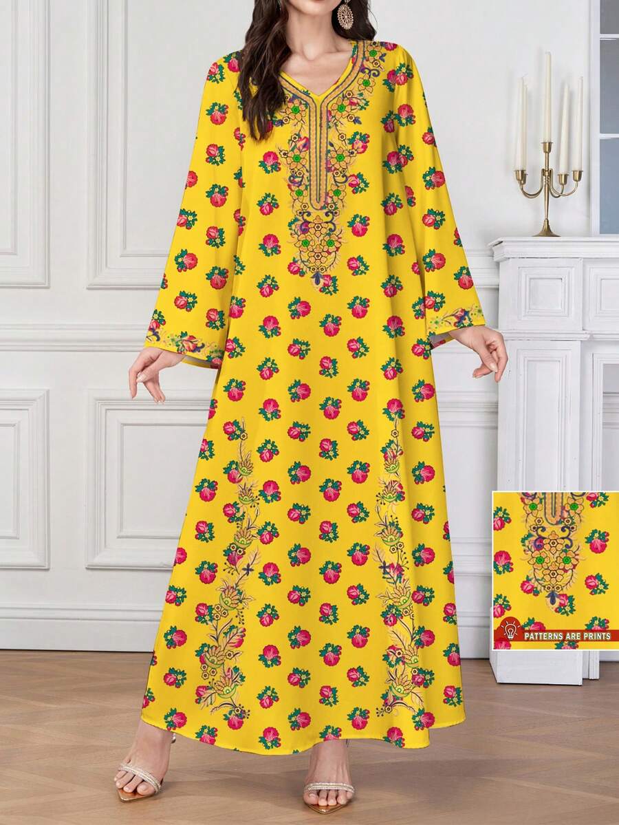 Al Najma Đầm nữ thanh lịch in hoa cổ chữ V tay dài dáng xòe, thoải mái và đa năng, phù hợp mặc ở nhà, đi chơi, nghỉ lễ, dự tiệc và các buổi gặp mặt. Đầm tay dài in hoa màu vàng. - Màu vàng - Xem 1