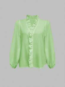 EMERY ROSE 女士休闲纯色简约荷叶边衬衫 - 薄荷綠 - 查看 3