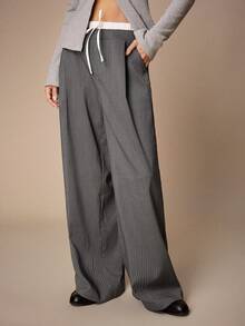 Maija Graphic Women's Gray Striped Straight Leg Casual Pants, Double Waistband, Urban Style Going Out Women Wide Leg Pants Grey Pants Pants Suit Pinstripe Pants Grey Two Piece Set Spring Outfit Women Loose Pants Valentine's Day Vacation Outfits Women Spring To Summer - Grey - View 4