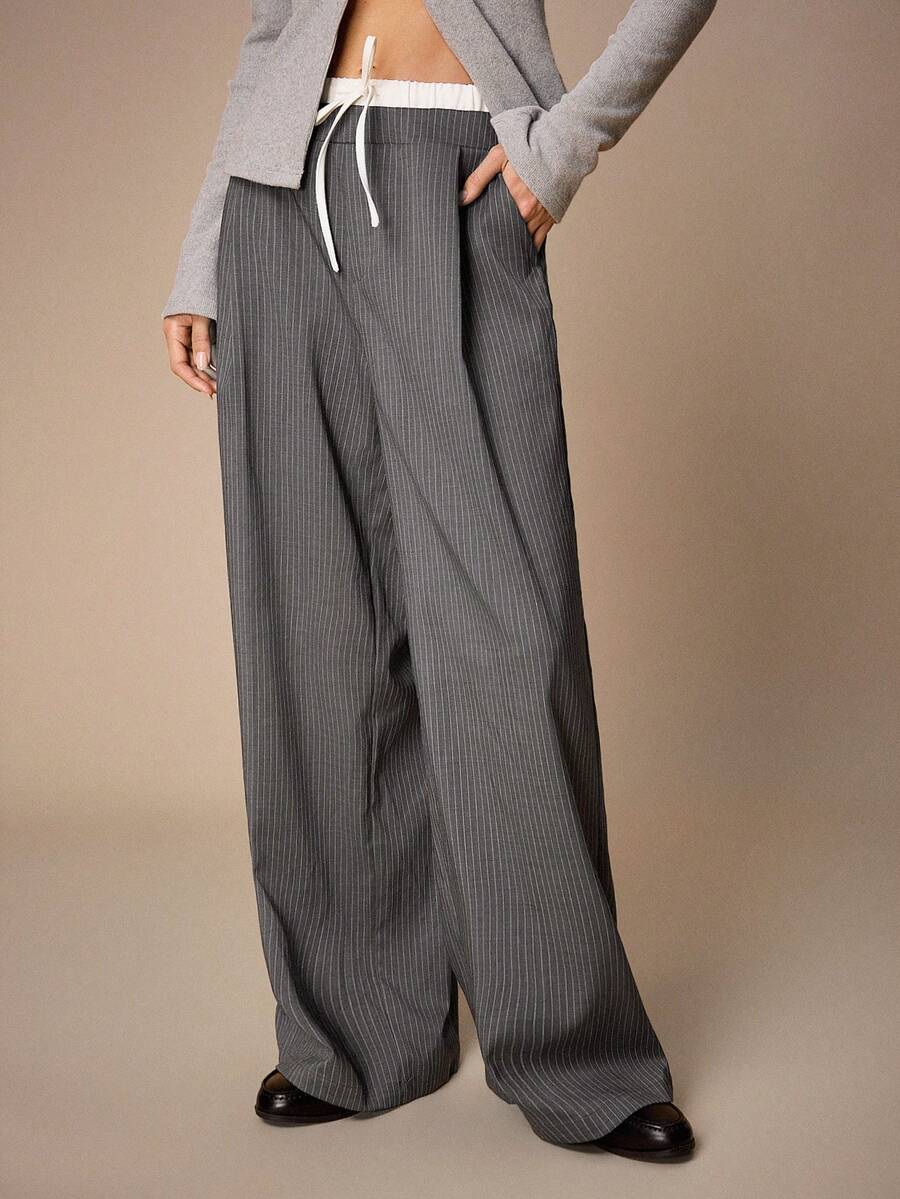 Maija Graphic Women's Gray Striped Straight Leg Casual Pants, Double Waistband, Urban Style Going Out Women Wide Leg Pants Grey Pants Pants Suit Pinstripe Pants Grey Two Piece Set Spring Outfit Women Loose Pants Valentine's Day Vacation Outfits Women Spring To Summer - Grey - View 1