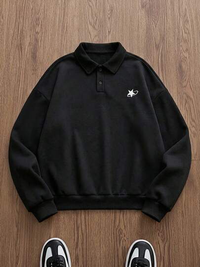SWAVVY Men's Casual Loose Fit Pullover Pullover Sweatshirt With Embroidered Collar, Black, Standard Size, Spring/Autumn Sweats Shirt Polo Sweatshirt Long Sleeve Polo Shirt
