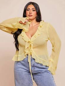 SHEIN BAE Blusa de gasa elegante con volantes para mujer de talla grande, adecuada para primavera, vacaciones, fiestas, citas - Amarillo - Ver 5