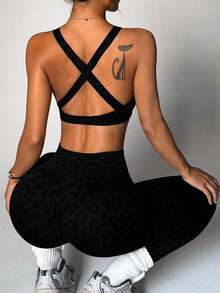 Dewbera 1 Set Women Leopard Print Twist Cross Yoga Running Fitness Exercise Sports Bra And Leggings Suit - Black - View 5