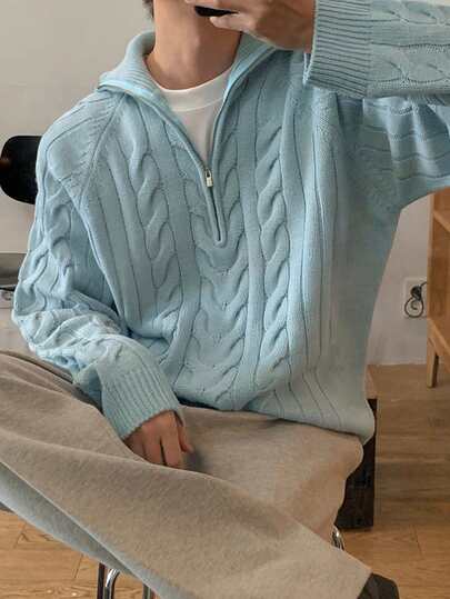 DAZY Men's Solid Color Zip-Up Partial Placket Raglan Sleeve Sweater, Autumn Quarter Zip Men