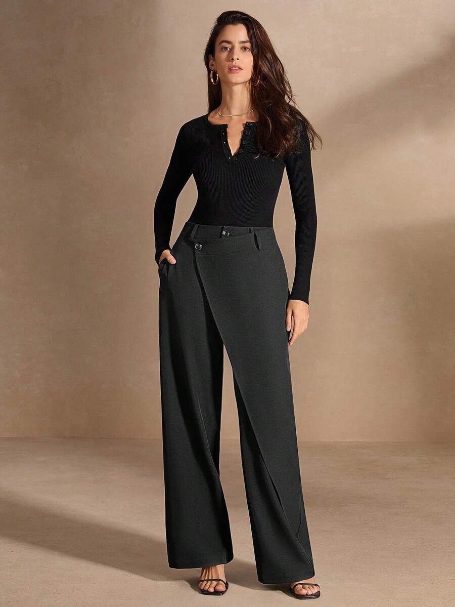 Anewsta Quần nữ dáng suông, cạp cao, vạt bất đối xứng, kiểu dáng công sở, cổ điển, dành cho việc đi làm trong thành phố. - Màu xám đen - Xem 1