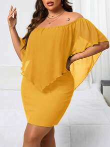 Reflora Plus Size Women's Fashionable Solid Color Off-Shoulder Short Dress - Mustard Yellow - View 7