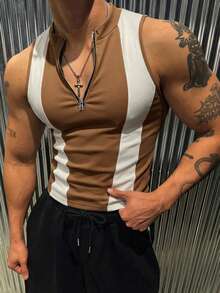 Manfinity Dauomo 男士无袖立领半拉链修身休闲撞色拼接紧身背心 - 彩色 - 查看 3