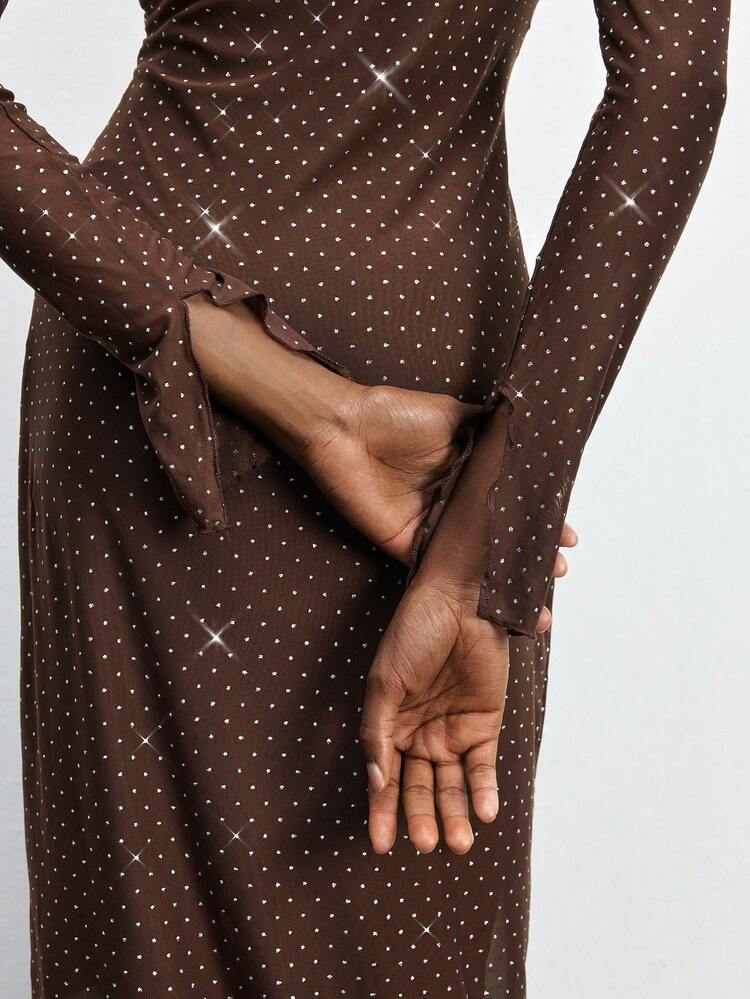 SHEIN Maija Women's Solid Color Rhinestone Embellished Dress, Elegant Office Wear, Music Festival, Valentine's Day, Summer Party Dress