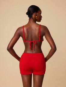 Swim Chiccia Women's Solid Color Spaghetti Strap Bikini Set - Red - View 2