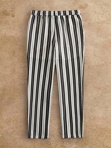 HIMLAND 男士沙滩度假休闲条纹抽绳裤 - 黑與白 - 查看 4