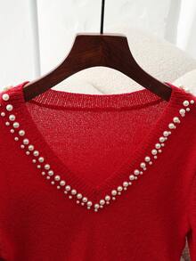 SHEIN Unity Women's Elegant Red Knitted Sweater,V-Neck Slim Fit Pullover Top With Trim For Autumn,Party,Festive Occasions,Valentine's Day And Holiday Gathering - Red - View 4