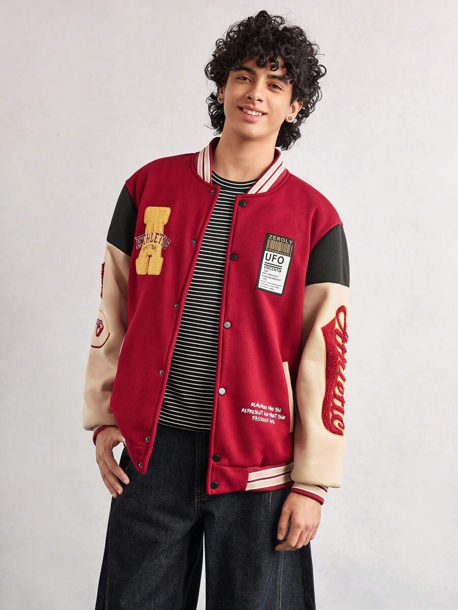 Open Phase 男士秋冬新款字母刺绣棒球长袖夹克 - 酒紅色 - 查看 1