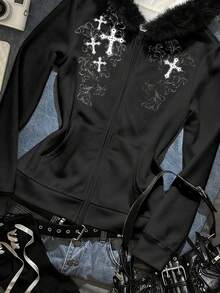 SHEIN EZwear 灰色哥特风女式水钻仿毛皮连帽卫衣，拉链卫衣，灰色卫衣，女式卫衣，B2 - 黑色 - 查看 10