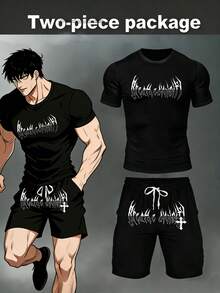 Manfinity Sport Corelite Costum sport pentru bărbați, cu imprimeu grafic, guler rotund, mânecă scurtă și pantaloni scurți cu buzunare oblice