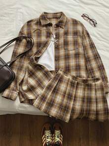 Comfortcana Women's Khaki Plaid Casual Long Sleeve Shirt And Mini Skirt 2 Pieces Set Brown Set Women Plaid Two Piece Set Shirt And Skirt Set Plaid Set Vintage Clothes Aesthetic Clothes - Khaki - View 7