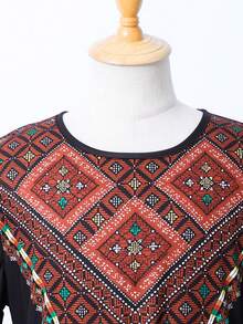 1pc  Geometric Print Robe For Girls, Round Neck Long Sleeve Tassel Waist Belt Decor Patchwork Design Abaya Dress Kids Arabic Dress Modest Long Sleeve Dresses For Girls - Black - View 5