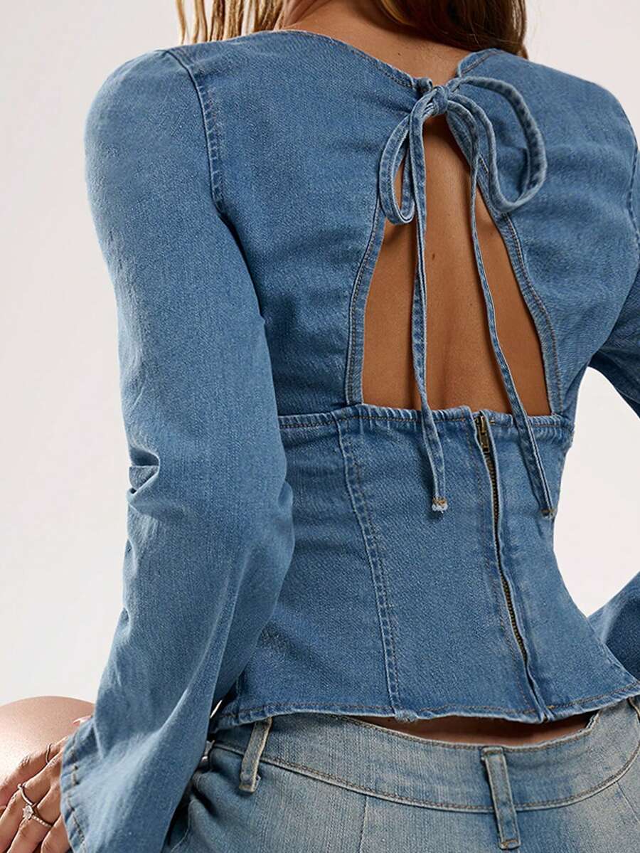 Avantive 蓝色牛仔露背吊带上衣，适合派对、度假等场合穿着。 - 深色水洗藍 - 查看 1