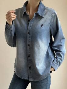 Livesso 春季休闲棉质牛仔夹克，做旧图案，翻领设计，女款 - 中等水洗藍 - 查看 6