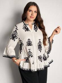 Comfylo Plus Size 2 Pieces Set: Casual Black Shirt And Pants, Autumn Boho Outfits For Women, Elegant Birthday Party Vacation Valentine's Day - Multicolor - View 3