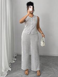 Elenzga 大码女式休闲黑白条纹纹理宽松两件套裤装，春秋季 - 黑與白 - 查看 3