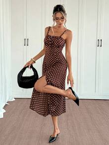 Siren Gaze 女士优雅波点印花开衩吊带中长连衣裙，夏季 - 棕色 - 查看 8