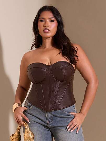 SHEIN BAE Sujetador bandeau de cuero con cordones de moda y sexy para mujer de talla grande