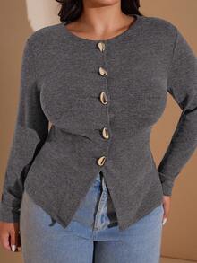 SHEIN BAE Plus Size Women Metal Button Decor Long Sleeve Basic Top/Winter - Dark Grey - View 4