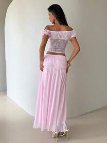 Aloruh Women's Romantic Flowy Sheer Solid Light Pink Ruched Bow Tie Waist A-Line Mini Skirt, Valentine's Day - Pink - View 3