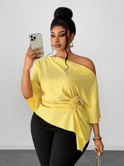 Maweii Plusstorlek elegant avslappnad blus för kvinnor med rynkade axlar, rosblommig midja, näsduksnedfällning, minimalistisk stil, lämplig för arbete, semester, vardagskläder, vår/sommar/höst