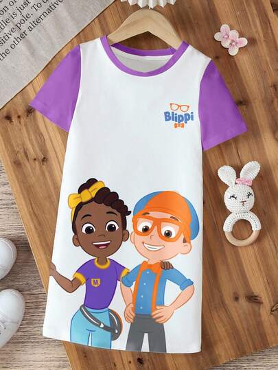 Blippi X SHEIN 夏季少女休闲撞色人像图案圆领短袖连衣裙
