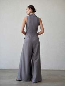 MOTF PREMIUM WOMEN'S PEAK COLLAR FOLD PLEATED SLEEVELESS LONG WIDE LEG JUMPSUIT, SPRING/SUMMER - Grey - View 8