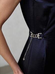 MOTF PREMIUM WOMEN'S ASYMMETRIC NECK METAL DECOR MINIMALIST ELEGANT SHORT DRESS, SPRING/SUMMER - Navy Blue - View 3