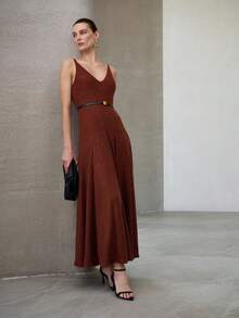 MOTF PREMIUM WOMEN'S SEQUIN KNIT V-NECK STRUCTURED WAIST FLARED DRESS, SPRING/SUMMER - Brown - View 4