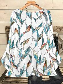 Mellowie Plus Size Women's Abstract Leaf & Geometric Print Casual Loose Fit Round Neck 3/4 Sleeve Blouse, Suitable For Vacation, Spring/Summer Spring - Multicolor - View 2