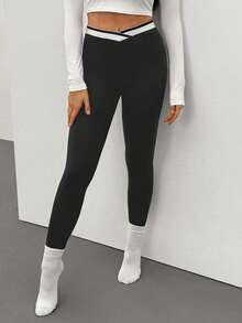 SHEIN Tall 黑白撞色拼接休闲深V腰线女式打底裤 - 黑色 - 查看 8