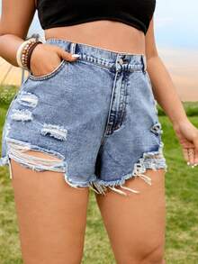 SHEIN CURVE+ 大码休闲破洞毛边牛仔短裤 - 藍色 - 查看 4