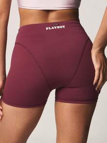 Missguided x Playboy High Waisted Athletic Shorts With Logo Detail For Activewear Training Fitness - Burgundy - View 5