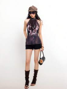 Bloopia Women's Frill Trim Printed Halter Neck Tank Top - Multicolor - View 5