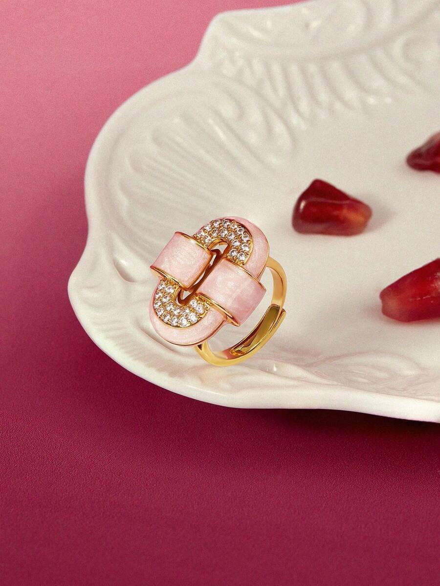 女士单枚戒指，高级/复古/优雅/性感/怀旧风格，适合妈妈/女士/女孩/母亲，夏季/海滩/舞会/派对场合佩戴，18K镀金 - 金色粉色 - 查看 1