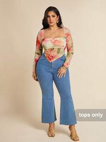 SHEIN BAE 大码女式方领透视网眼长袖镂空衬衫，适合休闲穿着、外出、约会、下午茶、度假、春夏季 - 黃色 - 查看 5