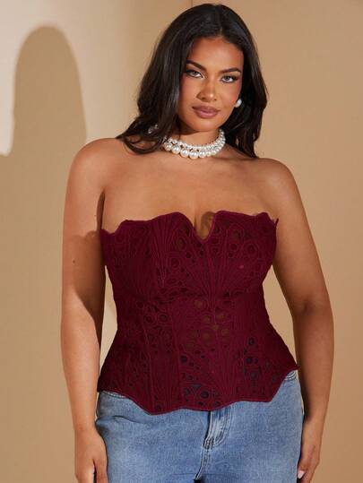 SHEIN BAE Plus Size Women's Fishbone Bralette, Tie-Up, Y2K Cropped Camisole, Suitable For Early Autumn, Spring/Summer,Valentine's Day,Valentine Outfits For Women