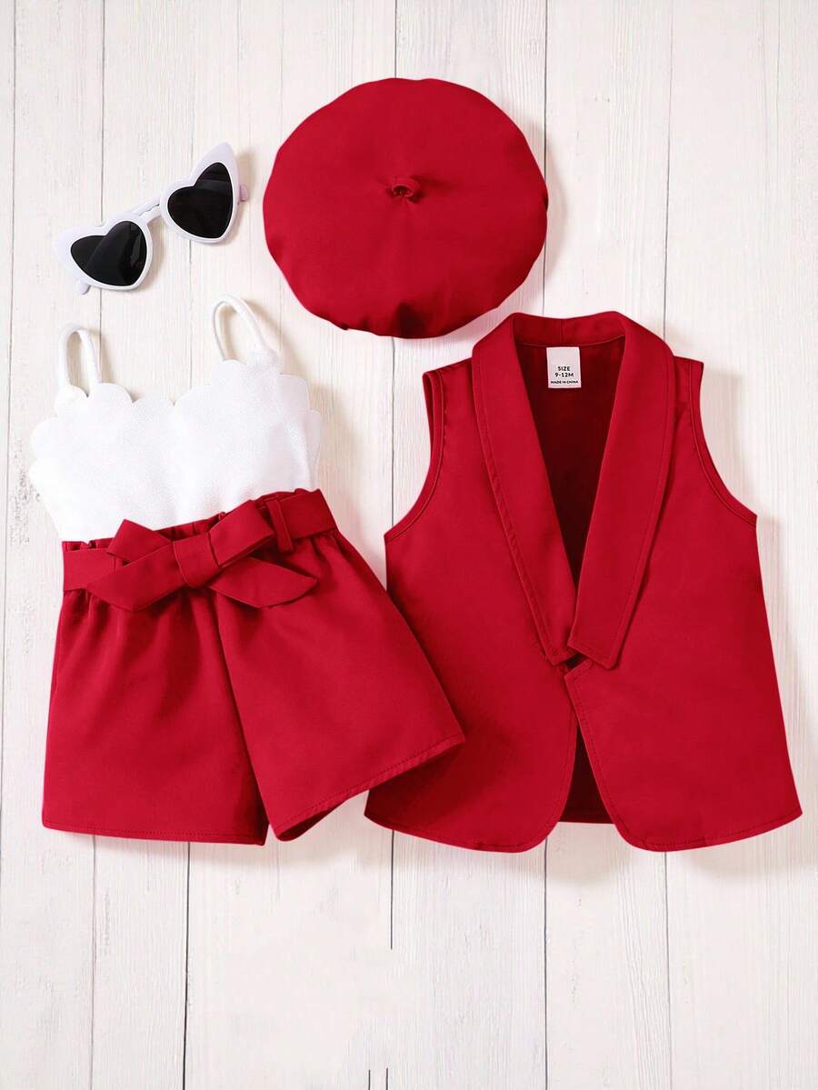 SHEIN 3件套女婴针织纯色开衫、针织连体衣和帽子套装 - 酒紅色 - 查看 1