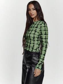 MUSERA Feraux 网眼格纹印花长袖荷叶边下摆上衣，性感外出，秋季、夜晚、冬季，可爱街头风。适合假日、派对、春夏穿着。 - 綠色 - 查看 4