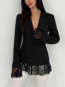 Aloruh Minimalist Commuting Office Lace Patchwork Deep V Neck Long Sleeve Blazer - Black - View 6